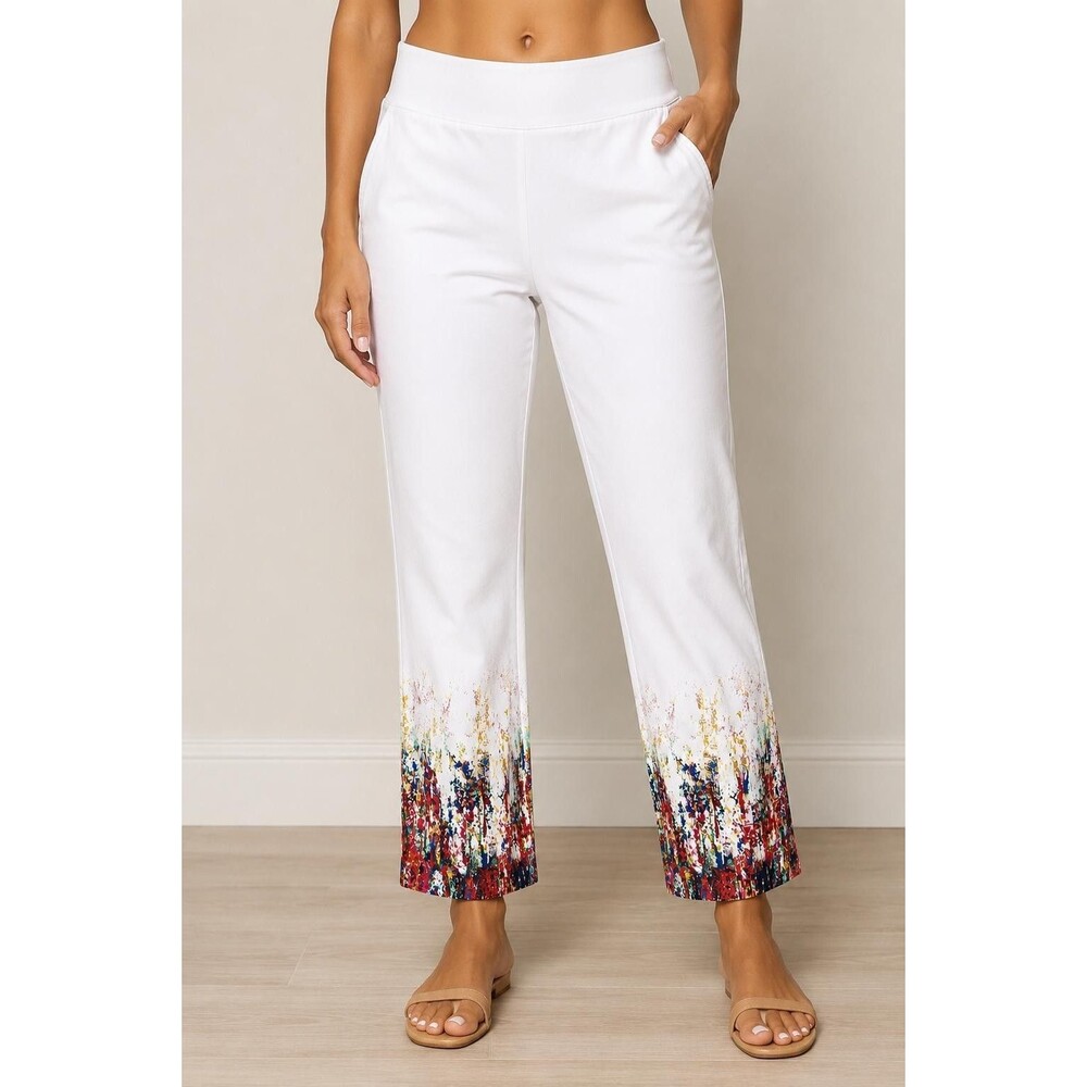 DFA New York Women White Pull On Stretch Pants Floral Hem Size 16